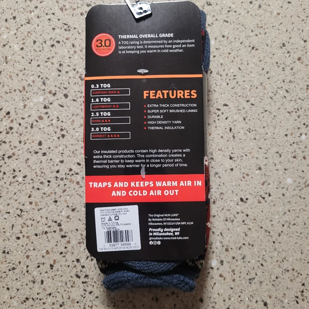 MUK LUKS Mens Size 10 -13 1 Pair Heat Retainer Thermal 3.0 TOG Socks Durable NEW